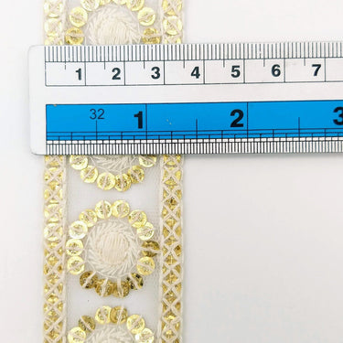Nine Yards White Net Lace Trim Floral Embroidered With Gold Sequins, Sequinned Trim, Wedding Trim Bridal Trim